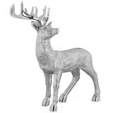 Gro�e Stehende Silber Deko Hirsch Figur & Geweih - Weihnachten Wildfigur 48 cm