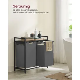 Songmics VASAGLE Wäschekorb 2 Fächer, mit Ablage, Wäschebox, Wäschesack aus Oxford-Gewebe ausziehbar abnehmbar, 2 x 46 L - Grau