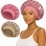 2 Stück Satin Bonnet, Satin Haarhaube, Haarhaube für Die Nacht, Seidenhaube zum Schlafen, Wiederverwendbare Silk Bonnet Seidenhaube, Hair Bonnet für Damen und Mädchen (Goldgrau, Rosa)