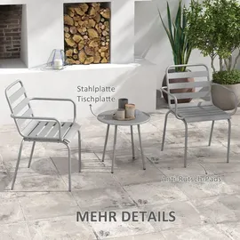 Outsunny 3tlg. Bistroset Gartenmöbel Set mit 1 Couchtisch, 2 Stapelbaren Stühlen, Balkon-Set, Sitzgruppe für Balkon, Terrasse, Stahl, Hellgrau
