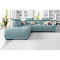 Ecksofa DOMO COLLECTION "Ava, moderne Sitzheftung mit toller Doppelnaht, komfortabel, L-Form", blau (aqua), B:266cm H:84cm T:99cm, Kunstleder SOFTLUX;Struktur fein (100% Polyester);Zierkissen: Microfaser PRIMABELLE (100% Polyester);Struktur (100% Polyester);Microfaser PRIMABELLE (100% Polyester), Sofas, Ecksofa, mit Ottomane, inkl. Federkern, wahlweise mit Kopfteilverstellungen