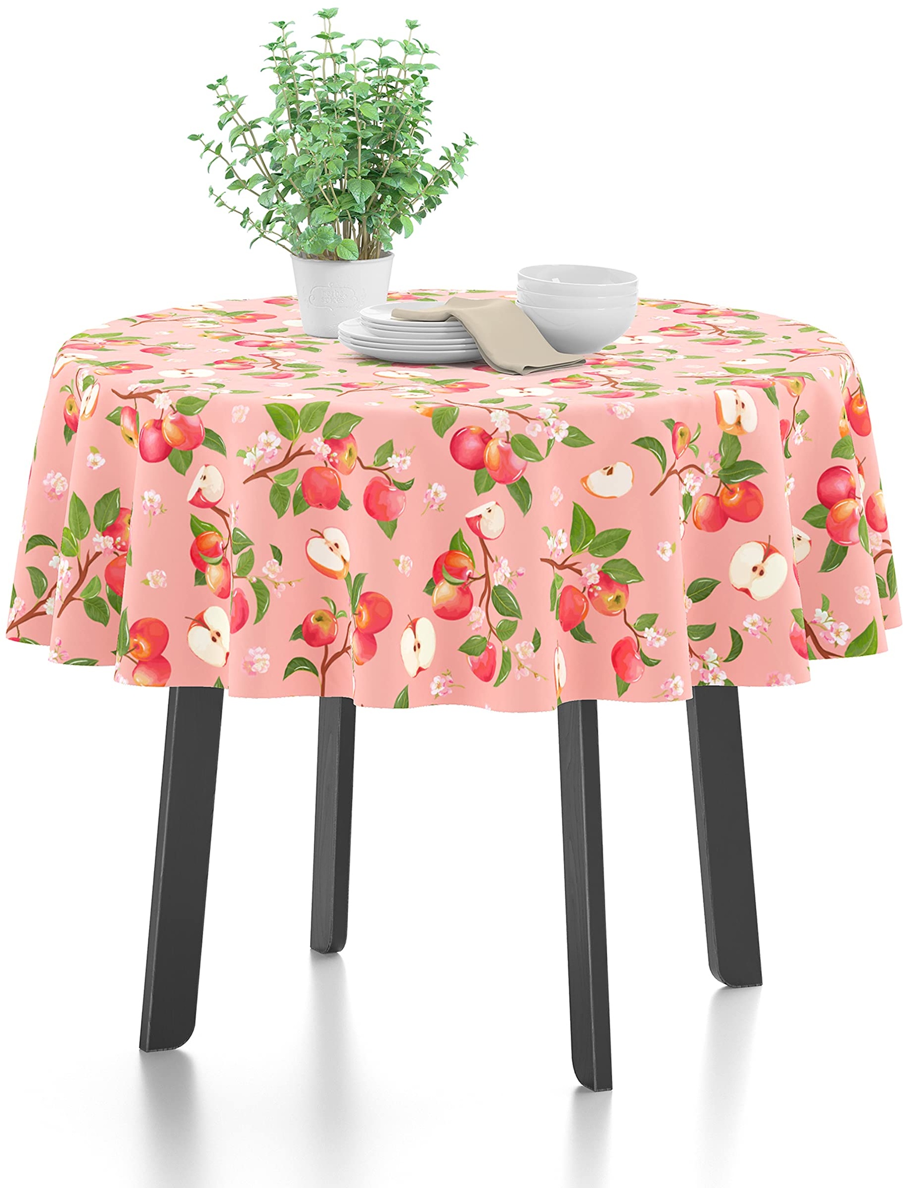 Encasa Polyester Bedruckte Tischdecke, Tischdecke aus Twill-Stoff, wasserabweisend, Länge 142 cm-Round für rechteckigen Esstisch 4 Seater. Maschinenwaschbar, langlebig - Apfel