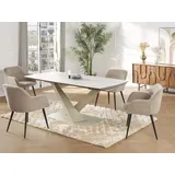 vente-unique Esstisch ausziehbar - 6 bis 10 Personen - Sicherheitsglas, Keramik & Metall - Marmor-Optik Weiß & Beige - MALATA von Maison Céphy