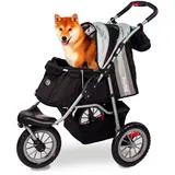 Hundewagen klappbar mit einer Hand Katzenwagen für Gelände & Strand – Innopet Hundebuggy Comfort EFA Eco Schwarz/Silber – pannensichere 30cm Räder, recycelter Nylonstoff Vorderrad fixierbar