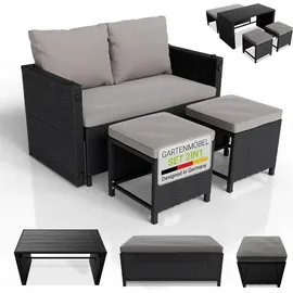 Juskys 2in1 Polyrattan Gartenmöbel Jamaika - Tisch, Gartenlounge Sofa - Balkonmöbel Sitzgruppe für Balkon, Garten - Outdoor Lounge schwarz/ grau