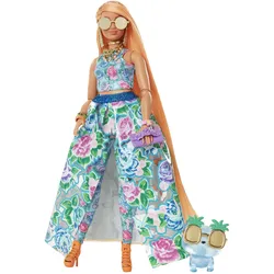 Barbie Extra Fancy Puppe im blauen Kleid mit Blumenmuster