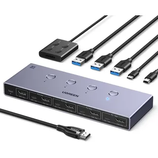UGREEN HDMI 2.1 KVM Switch 4 In 1 Out 8K@60Hz USB 3.0 Switch 4 Ports 1 Monitor und Tastatur, Maus, Drucker, U Disk für 4PC