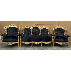 Casa Padrino Barock Wohnzimmer Set Schwarz / Gold - 1 Barock Sofa & 2 Barock Sessel - Wohnzimmer Möbel im Barockstil - Barock Möbel - Barock Wohnzimmer Einrichtung