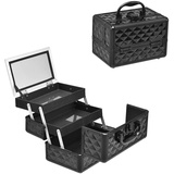 HOMASIS Kosmetikkoffer mit Spiegel, tragbarer Schminkkoffer mit 3 Ebenen, Mini Beauty Case mit Griff & Schloss, Friseurkoffer Hartschale, Make Up Koffer für Damen & Mädchen, 23 x 15 x 18 cm (Schwarz)