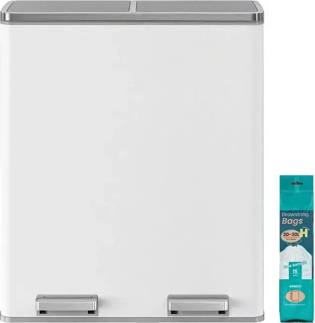 Ochama Mülleimer 60 L mit 2 Fächern, herausnehmbare Inneneimer, Pedal, Küche, Müllbeutel, weiß-grau