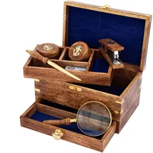 Nklaus Schreibtischset in Holzbox, Holz/Messing, 22x14x12cm Büroset im nautischen Stil