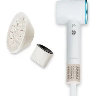 Medion Föhn - Ionen Haartrockner mit Diffusor HD1 (1.600 Watt, Stylingdüse, magnetische Aufsätze, leise langlebiger BLDC Motor, LED Ringlicht, langes Netzkabel) Haarföhn in weiß
