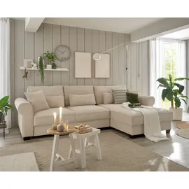 Stella Trading Angelina Ecksofa mit Schlaffunktion in Cord-Optik, Cream - Moderne Eckcouch in L-Form mit Bettkasten - 318 x 197 cm (B/H/T)