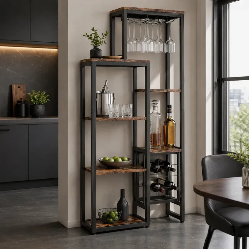 LANTINE Weinregal freistehend, 5-stufiges Küchenregal mit Glashalter & Weinflaschenablage, Industrie-Stil Weinschrank für Bar, Küche, Esszimmer (Rustikales Braun, 1 Stück)