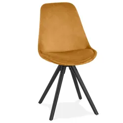 Retro Holzstuhl Samtbezug Senfgelb | Esszimmerstuhl mit schwarzen Buchenholzbeinen | Vintage Polsterstuhl gepolstert | Kadima Design