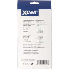 XCell Powerbank X20000PD mit 20.000mAh Kapazität, USB-C PD3.0, Quick-Charge, LED-Display, 2x USB-Ausgang 1x USB-C-Ausgang