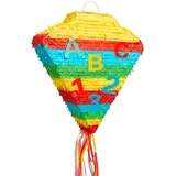 Relaxdays Pinata Einschulung, mit Stab & Maske, Partypinata Kinder, Schulanfang, zum Befüllen, HBT: 48x36x7,5 cm, bunt