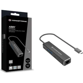 Conceptronic Adapter USB-C RJ45 Gigabit,3xUSB3.0 0.15m sw (USB C), Dockingstation + USB Hub, Grau