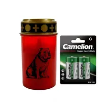 Fachhandel Plus Grabkerze LED Grablicht Hund Grablicht LED mit 2 LR14 Batterien Grabschmuck, Hunde Grabschmuck für ein würdiges Erinnerungslicht rot