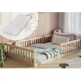 Kids Collective Bodenbett Kinderbett Bett mit Rausfallschutz & Lattenrost Montessori Bett Kinder Jugendbett Einzelbett mit Matratze, natur 120x200 cm | Naturbelassen