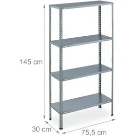 Relaxdays Lagerregal Metall 145x75,5x30 cm 4 Böden Silber bestückt