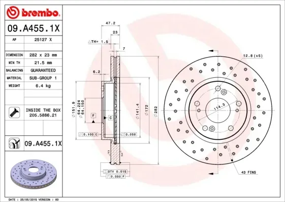 BREMBO Bremsensatz, Scheibenbremse Bremsensatz-Vorderachse XTRA LINE sk8k0f1za3 Vorderachse Gelocht/innenbel. 282mm 23mm für HONDA (GAC) ACURA