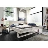G+K Bett, Balkenbett, Bettgestell, Fichte, Massiv,Kopfteil, 200x200, Weiß