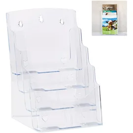Relaxdays Prospekthalter A4 / DIN Lang, 4 Etagen, Acryl, Flyer Aufsteller Tisch & Wand, HBT: 35x24,5x24cm, Transparent
