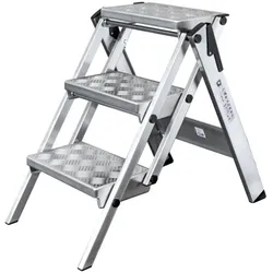 PROREGAL ML Kompakt-Tritt mit Klappmechanismus | 3 Stufen | Aluminium-Warzenblech | rutschfeste Kunststoffschuhe