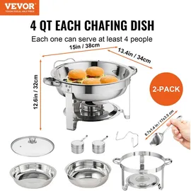Vevor 2 Stk. Chafing Dish Profi Set Wärmebehälter Edelstahl + Glas Buffet Set Rund 2 x 3,5 L, 33,5 x 33,5 x 7 cm Jeder Behälter, Speisewärmer für Buffets, Familienfeiern, Bankette, Hochzeiten usw.
