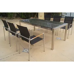 OUTFLEXX Garten-Essgruppe, grau/anthrazit, Edelstahl/Textilene/Granit/Teak, Tisch 200x100cm, 6 Diningsessel