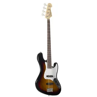 J & D E-Bass, Bass Gitarre mit 4 Saiten und Linde Korpus, JB Bass mit 2 Single Coil Tonabnehmern und passiver Elektronik, 3-Tone Sunburst