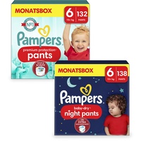 Pampers Night Windeln Pants Größe 6 (15kg+, 138 Stück) Baby-Dry und Windeln Pants Größe 6 (15kg+, 132 Stück) Premium Protection, Maxi mit Stop- und Schutz Täschchen, MONATSBOX