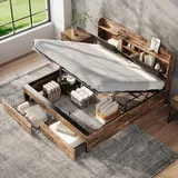 MODFU Doppelbett,Jugendbett 140 x 200 mit Matratze,Hydraulikbett,Metallbett mit Stauraum-Kopfteil und Metall Lattenrost, Holzfarbe+Schwarz - Schwarz