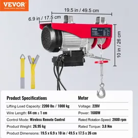 Vevor Seilwinde Metall rot 500kg bis 1000kg Hubhöhe 12m