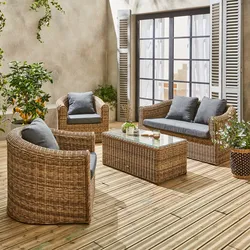 Gartengarnitur aus abgerundetem Polyrattan 4 Plätze Valentino Natur - graue Kissen, Sofa, Sessel, Couchtisch