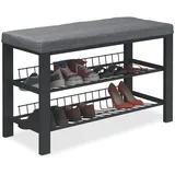 Relaxdays Schuhbank, Polsterbank mit Schuhablage, 2 Ebenen f. Schuhe, HBT: 50,5x82x33cm, Stoff&Metall, anthrazit/schwarz
