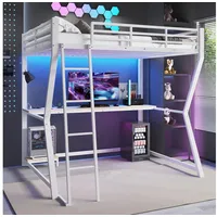 Flieks Hochbett LED Metallbett 140x200cm mit Schreibtisch und Aufladenfunktion weiß