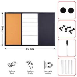 ALLboards 3-in-1-Kombitafel: Whiteboard, Kreidetafel magneitsch, Kork 90×60 cm + Zubehör