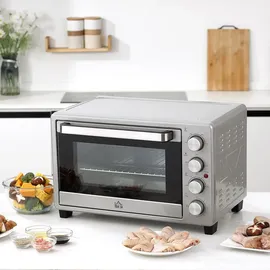 Homcom Minibackofen 32L 1600W Elektrischer Mini Ofen mit Schlackenauffangwanne Metall Edelstahl Glas Silber 52,2 x 38,1 x 33,5 cm