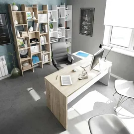 Dmora Schreibtisch Dfagg, Wendeschreibtisch mit Kommode, Eckstudie oder Büro-PC-Tisch, 145x108h73 cm, Eiche und Weiß - Dmora