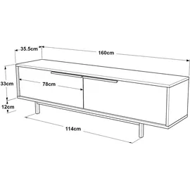 [en.casa] Kvænangen TV-Lowboard 160 x 35,5 x 45 cm Eichen-/Rattanoptik Metall