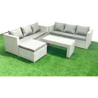 7-Sitzer Gartenmöbel-Set im Freien Polyrattan Garten Sofa Rechteckiger Couchtisch Set mit 2 Großer Hockern Hellgrau gemischt - Fimous