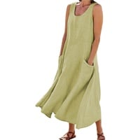 AACH Leinenkleid Damen Sommer Kleid Knielang Freizeitkleid Baumwolle Leinen Strandkleid U-Ausschnitt Sommerkleid Ärmelloses Boho Leinenkleider Einfarbig Strandkleider mit Taschen Kleider - M