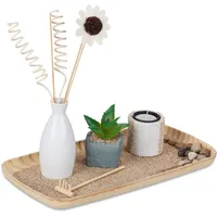 Relaxdays Teelichthalter Set Zen Garten Holz Beige/Weiß