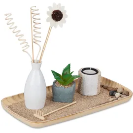 Relaxdays Teelichthalter Set Zen Garten Holz Beige/Weiß