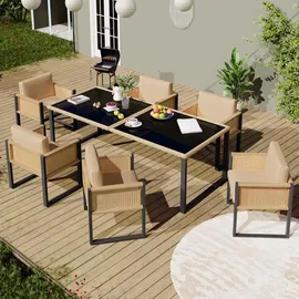 stilvora Garten Essgruppe Mit 1 Tisch Und 6 Sesseln, Hohe Rückenlehne Und Abnehmbare Kissenbezüge, Rattan Und Stoff, Braun