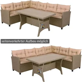 CASARIA Polyrattan Ecklounge Set WPC Esstisch Ecksofa 2 Gartenstühle Sitzauflagen Kissen Wetterfest Outdoor Lounge Garten Terrasse Balkon Möbel