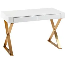 Wohnling Schreibtishc 118 cm weiß hochglanz Schreibtisch weiß rechteckig, X-Fuß-Gestell gold 118,0 x 57,0 cm