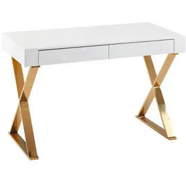 Wohnling Schreibtishc 118 cm weiß hochglanz Schreibtisch weiß rechteckig, X-Fuß-Gestell gold 118,0 x 57,0 cm